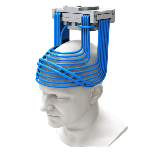 BrainsWay H4 Deep TMS coil array worn over the head of a model